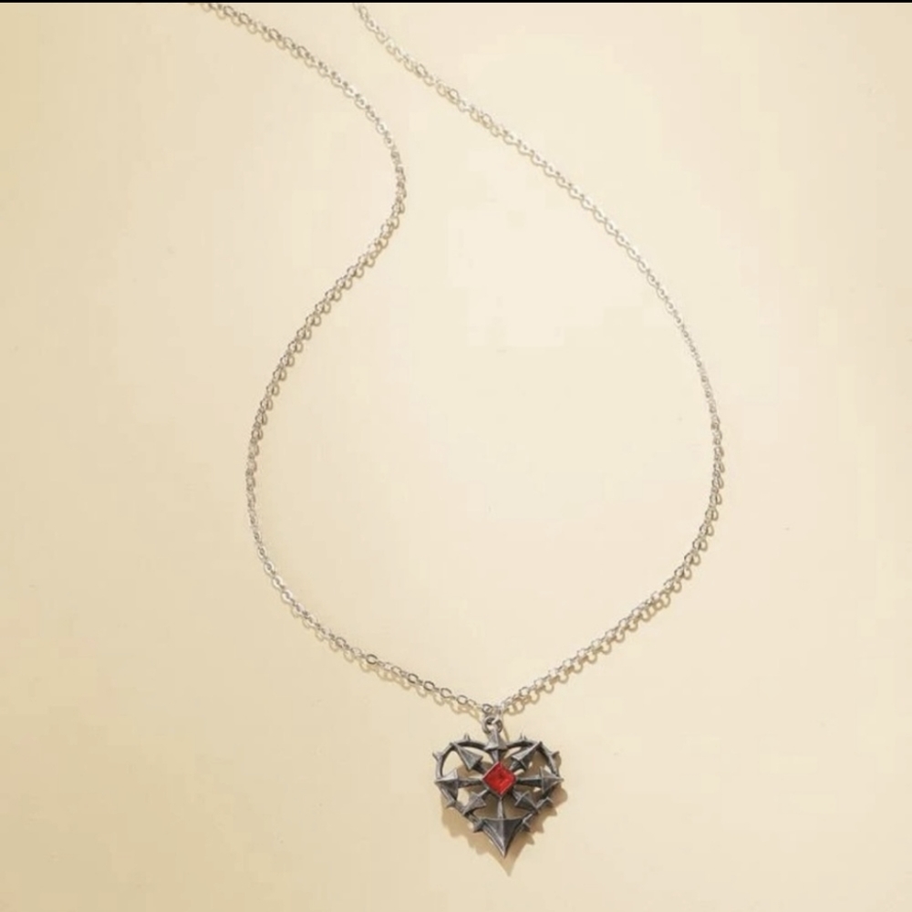 Spiked Heart Necklace with Bright Red Stone - Picture 3 of 5
